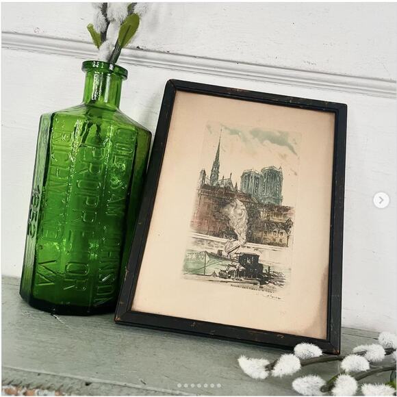 Vintage Signed French Etching Paris Les Tours Notre Dame France Boat Seine Frame
